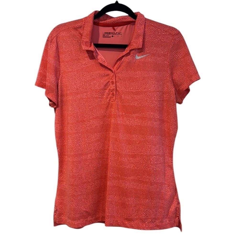 Nike Golf Dri-fit Coral Orange dots collared polo style performance shirt top L